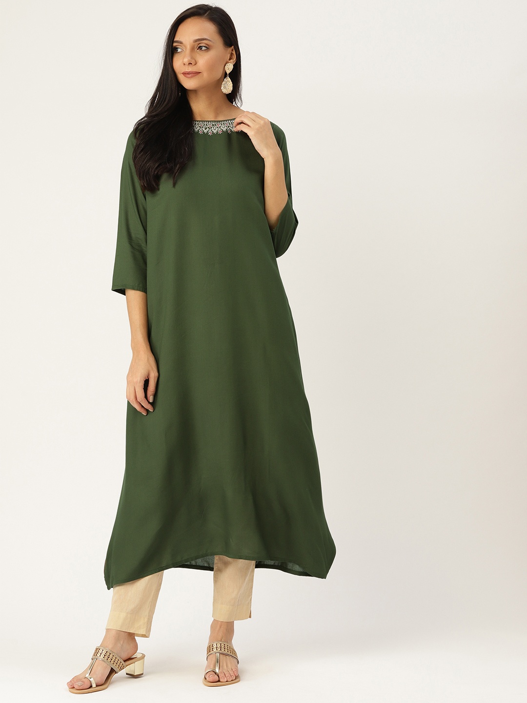 

Sangria Women Olive green Solid Asymmetric A-Line Kurta