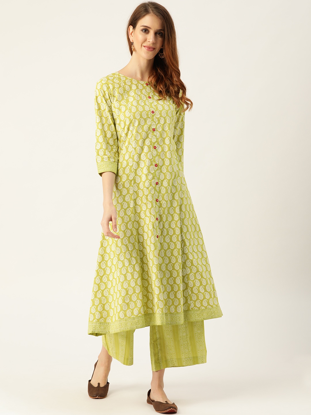 

Sangria Women Green & White Printed Anarkali Kurta with Palazzos