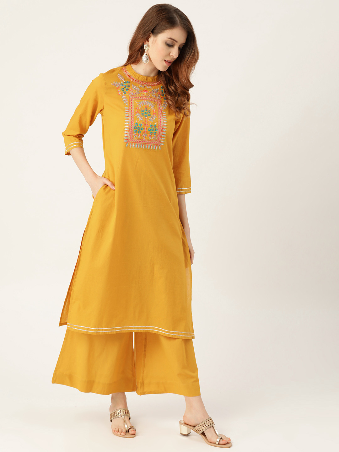 

Sangria Women Mustard Yellow Yoke Design Kurta with Palazzos