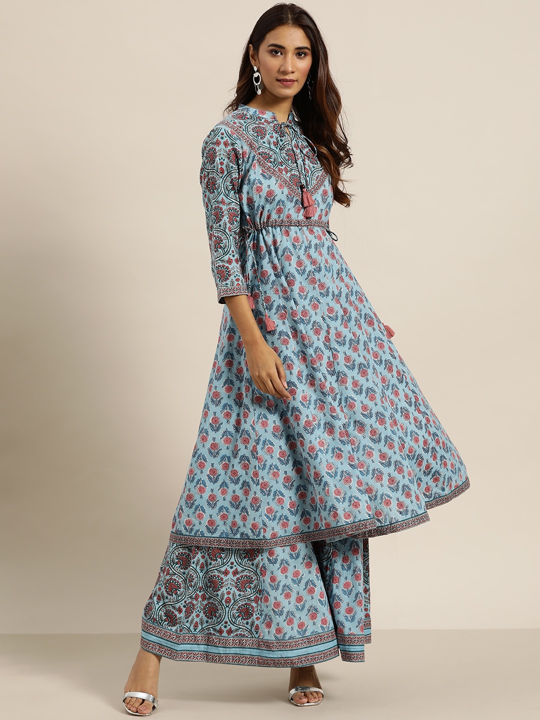 

Sangria Women Blue & Pink Boho Print Kurta with Palazzos