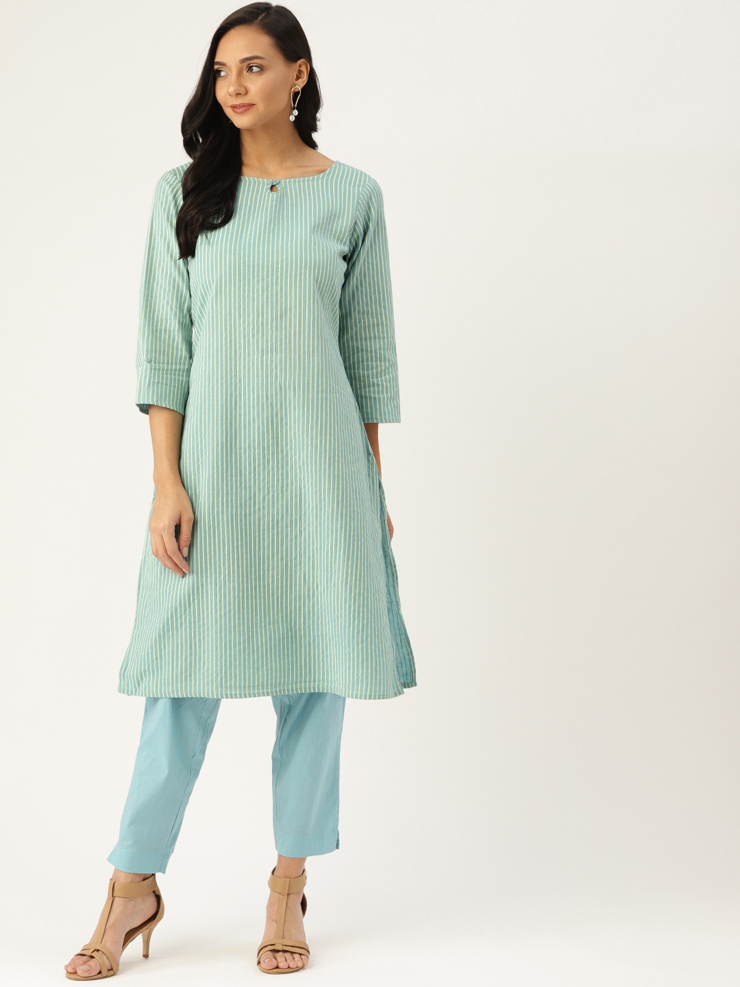 

Sangria Women Blue & Yellow Striped Kurta with Trousers