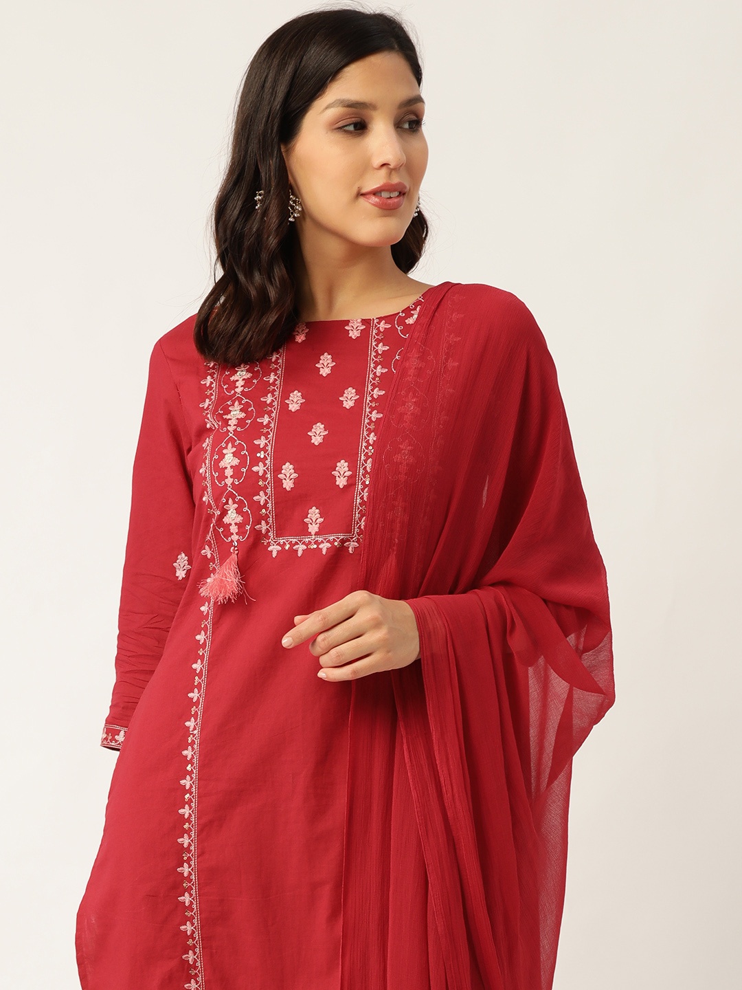 

Sangria Women Maroon & Golden Zari Embroidered Straight Kurta with Sharara & Dupatta