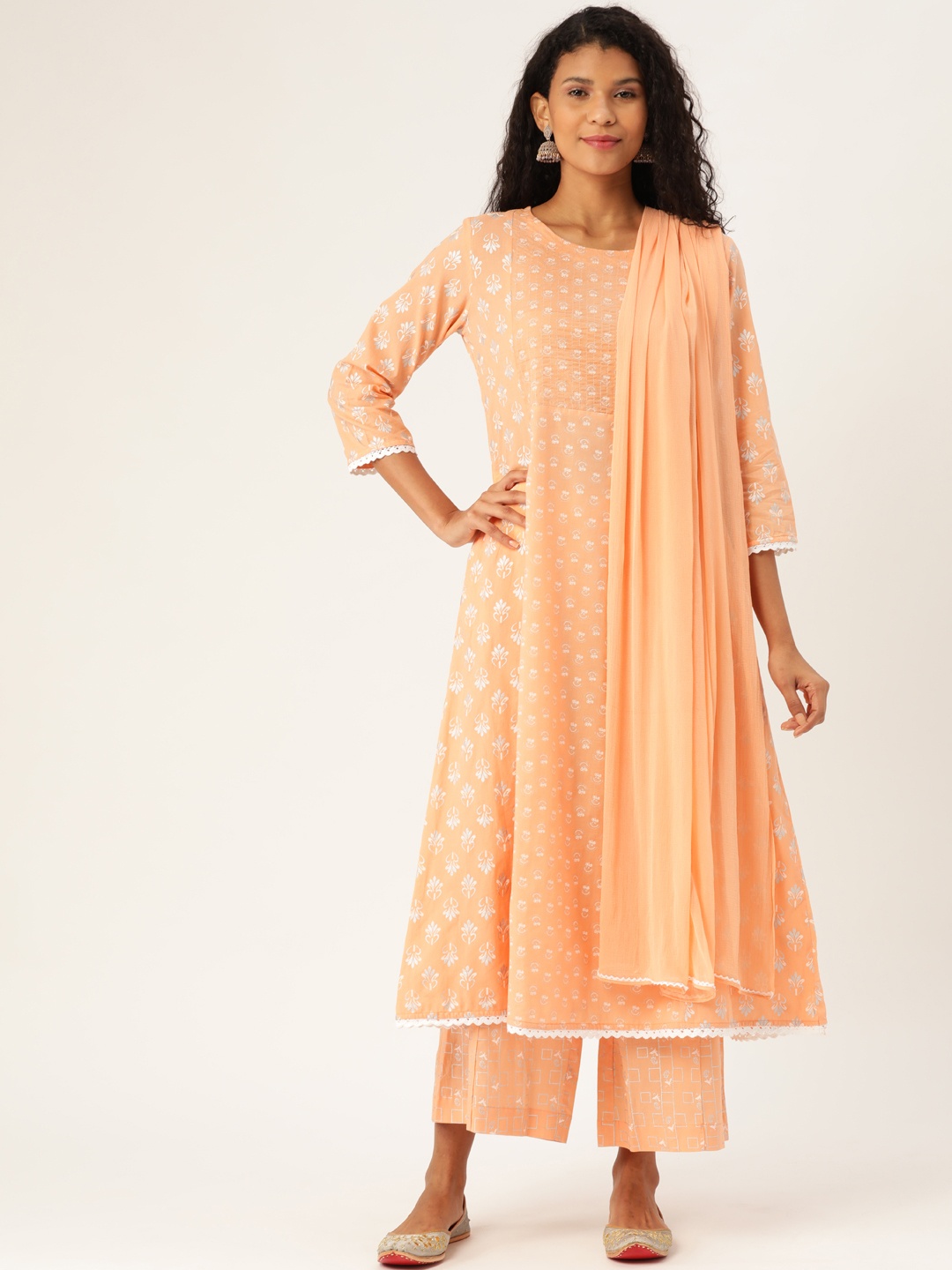 

Sangria Women Peach-Coloured & White Printed Kurta with Palazzos & Dupatta