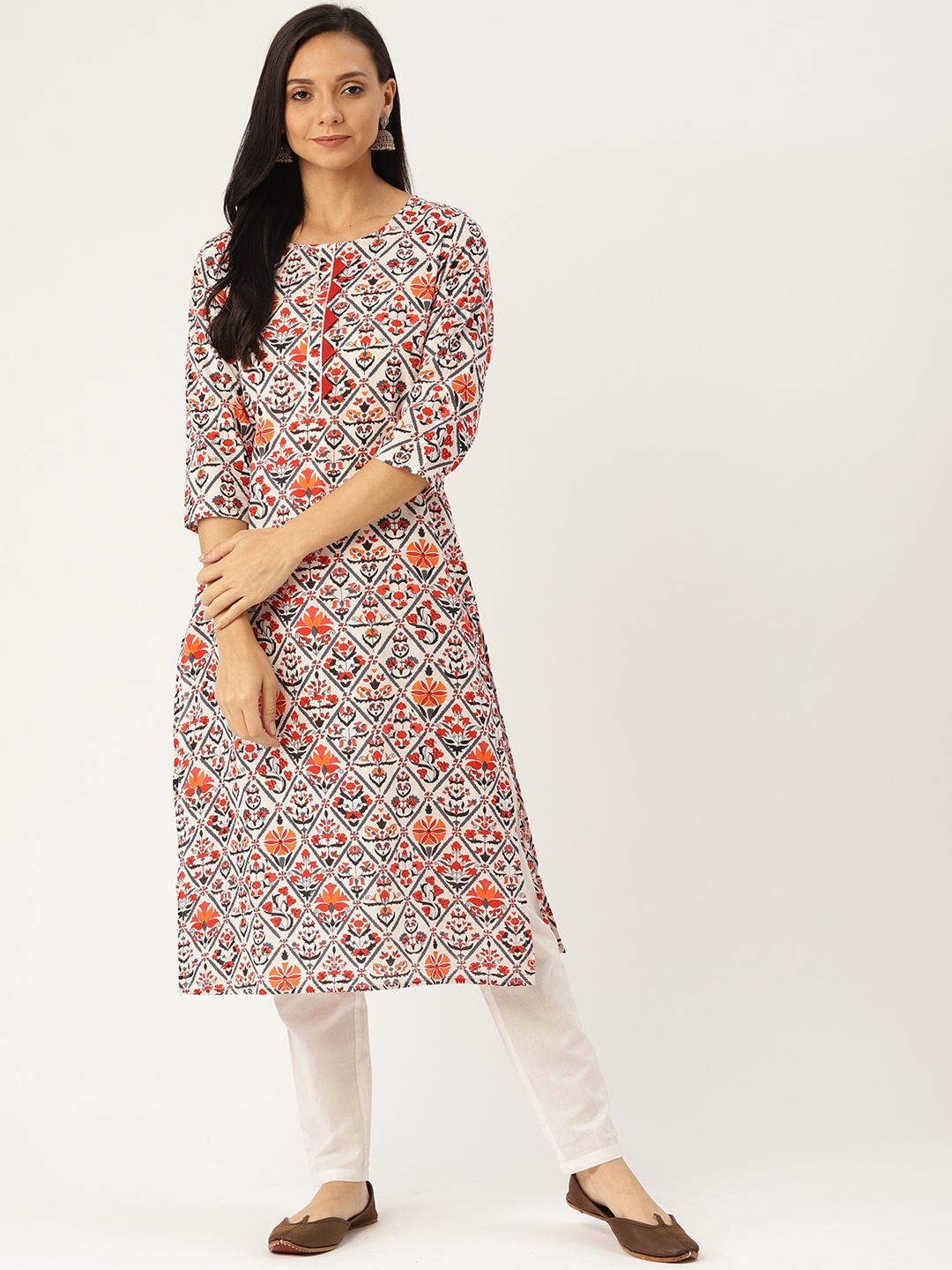 

Sangria Women Off-white and Rust Orange Ethnic Printed Straight Kurta
