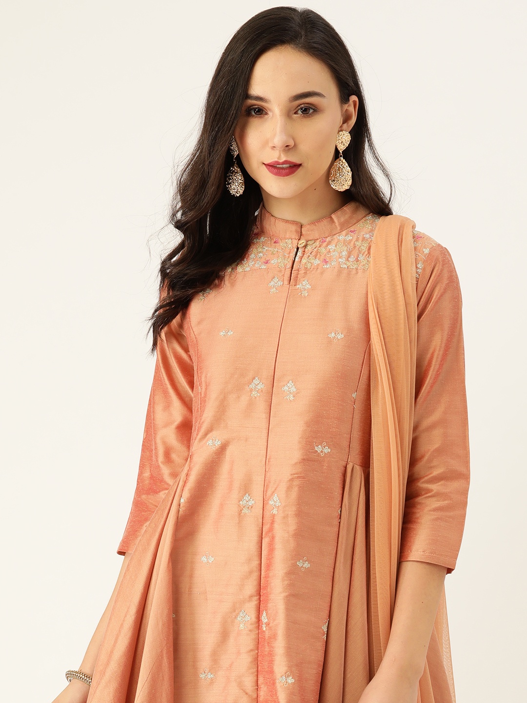 

Women Floral Zari Embroidered Anarkali Kurta Palazzo Dupatta Set, Peach