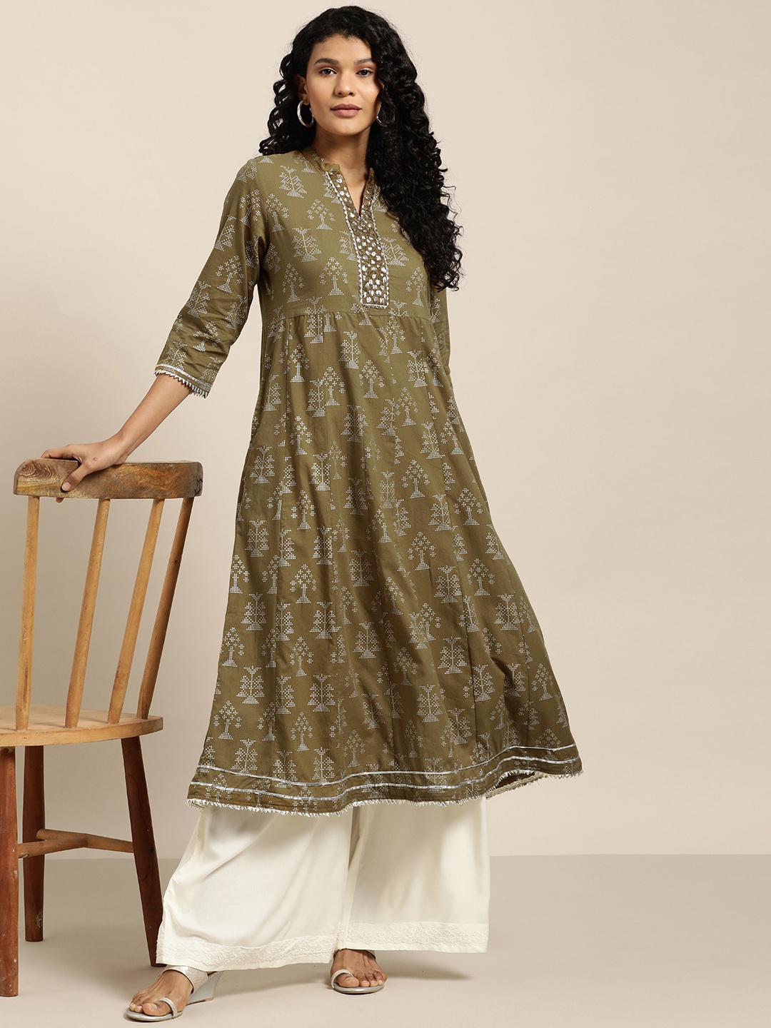 

Sangria Women Green & Silver Khari Print A-Line Kurta