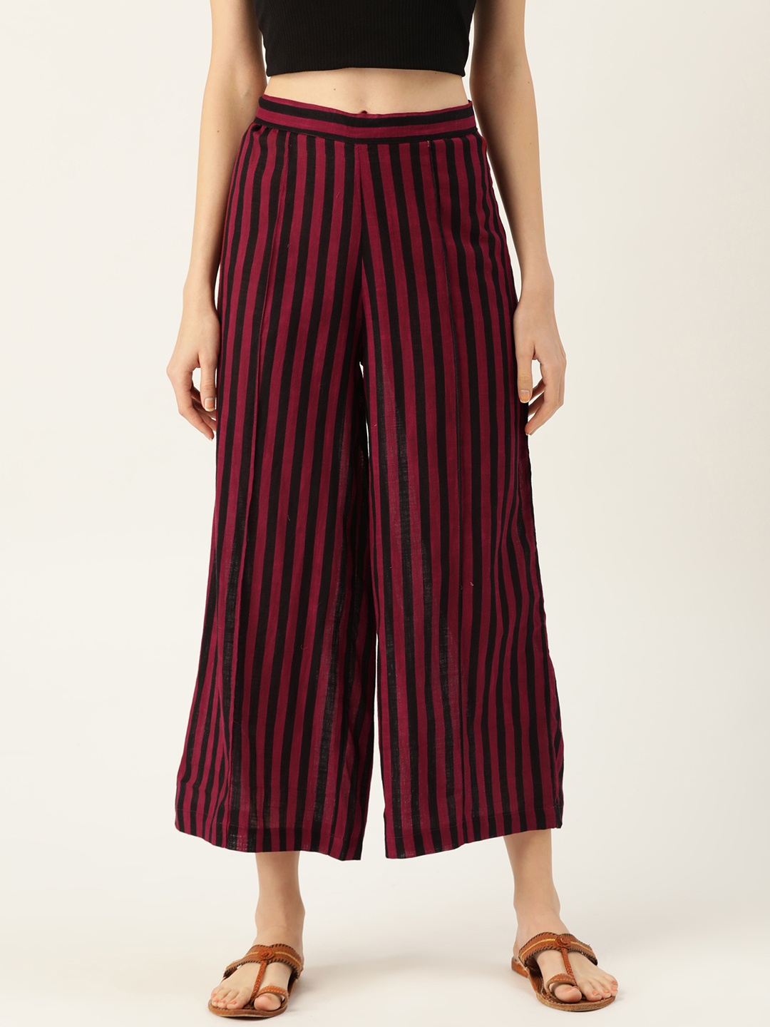 

Sangria Women Maroon & Black Striped Straight Cropped Palazzos