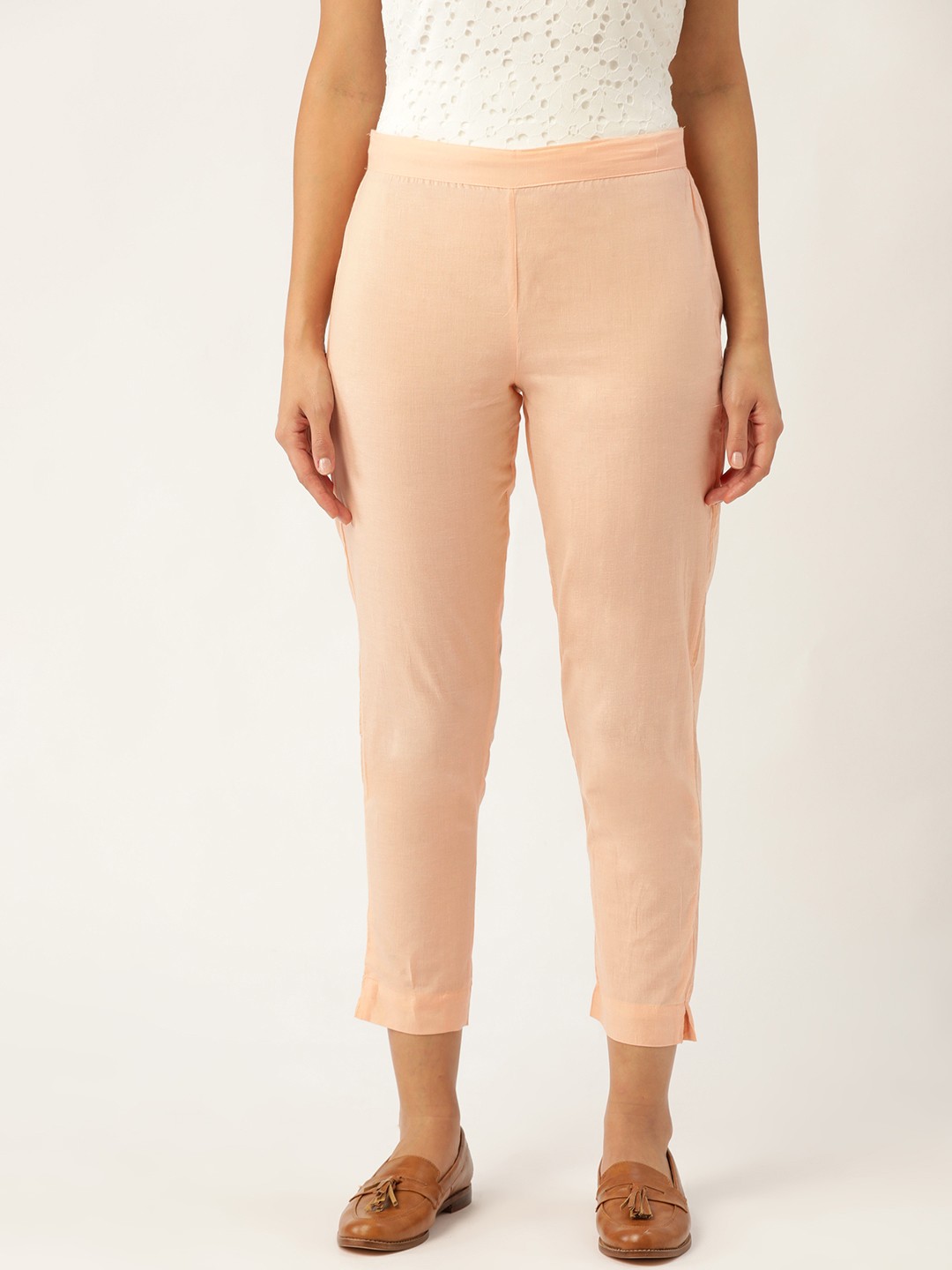 

Sangria Women Peach-Coloured Regular Fit Solid Cropped Trousers