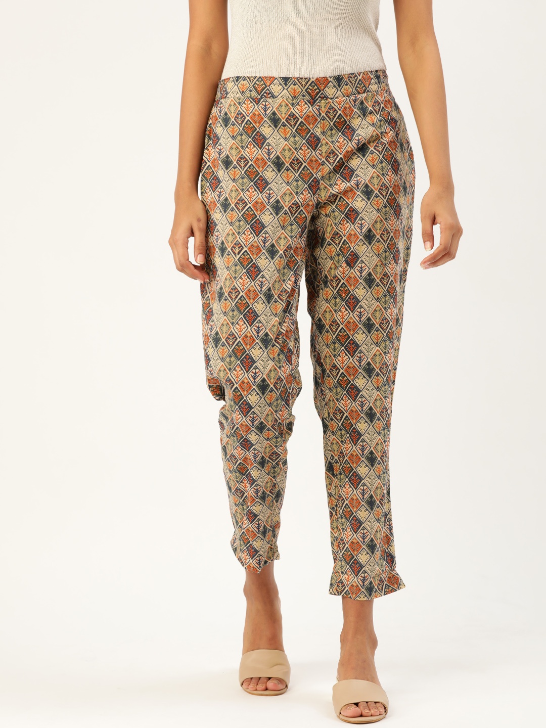 

Sangria Women Beige & Navy Blue Regular Fit Printed Trousers
