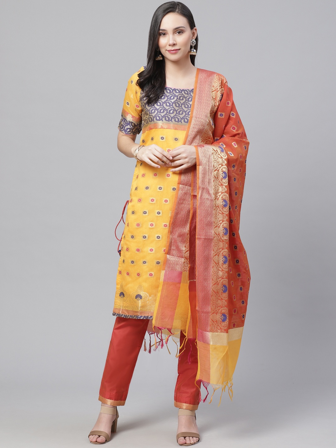 

Chhabra 555 Yellow & Red Woven Design Zari Detailing Unstitched Dress Material