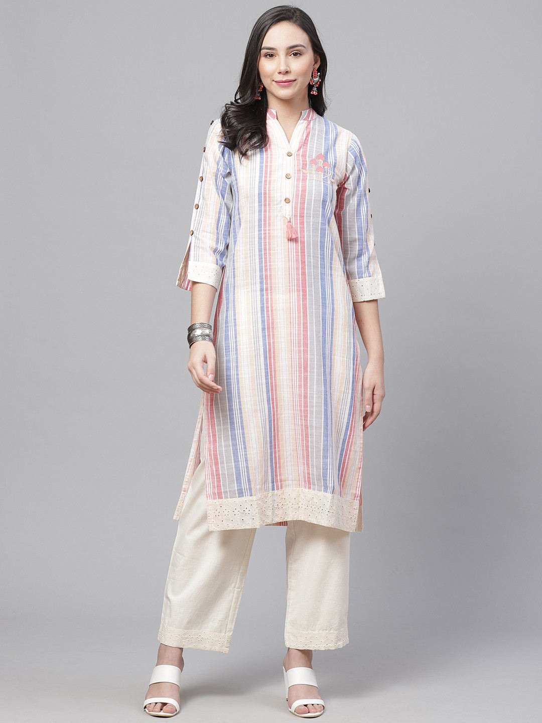 

Chhabra 555 Women Off-White & Blue Made to Measure Striped Kurta with Palazzos