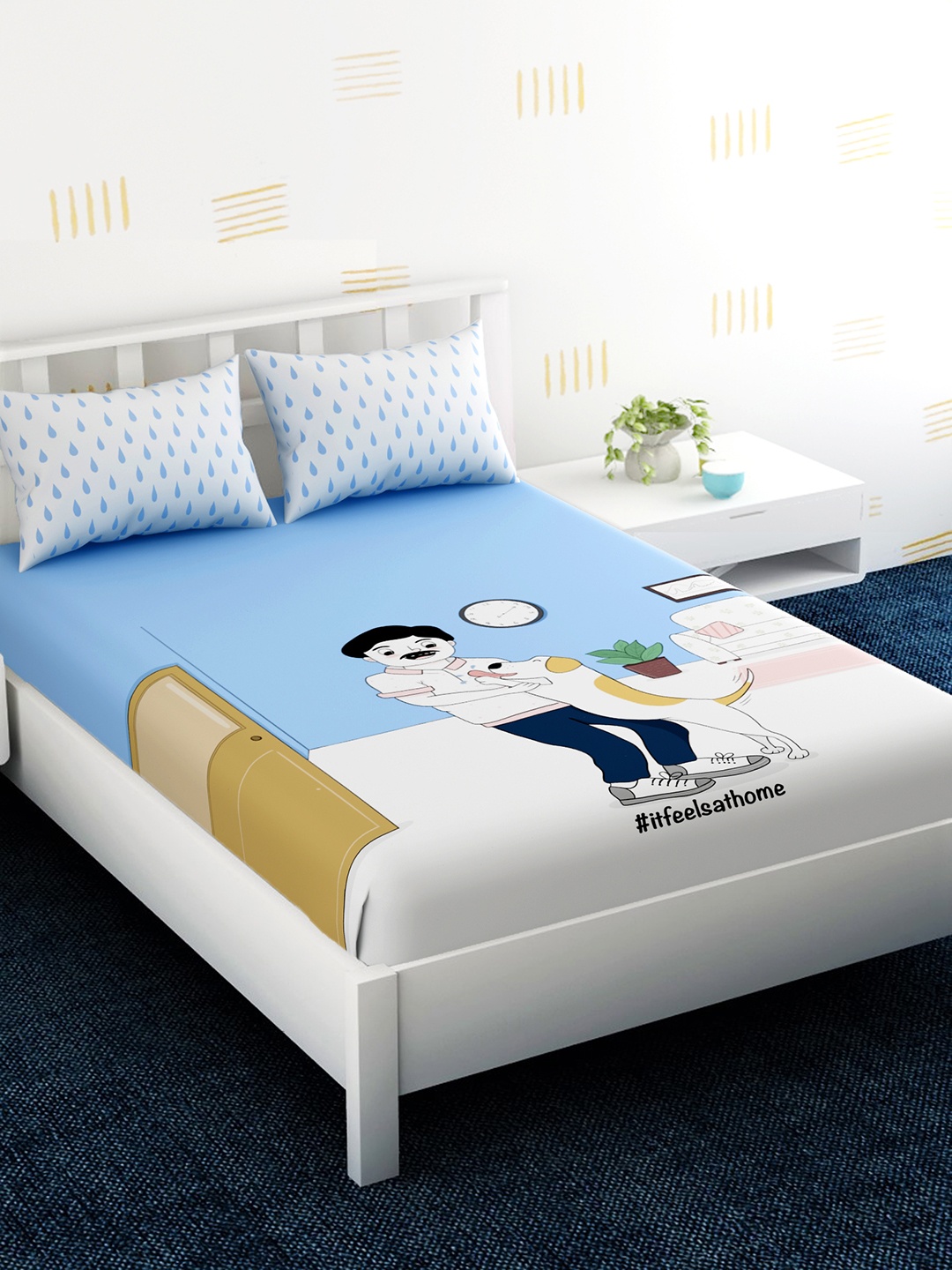 

EverHOME Blue & White Graphic 210 TC Cotton 1 King Bedsheet with 2 Pillow Covers
