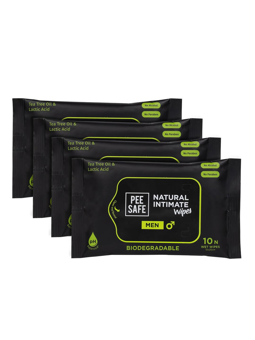 

PEESAFE Men Set of 4 Natural Intimate Biodegradable Wipes, Black