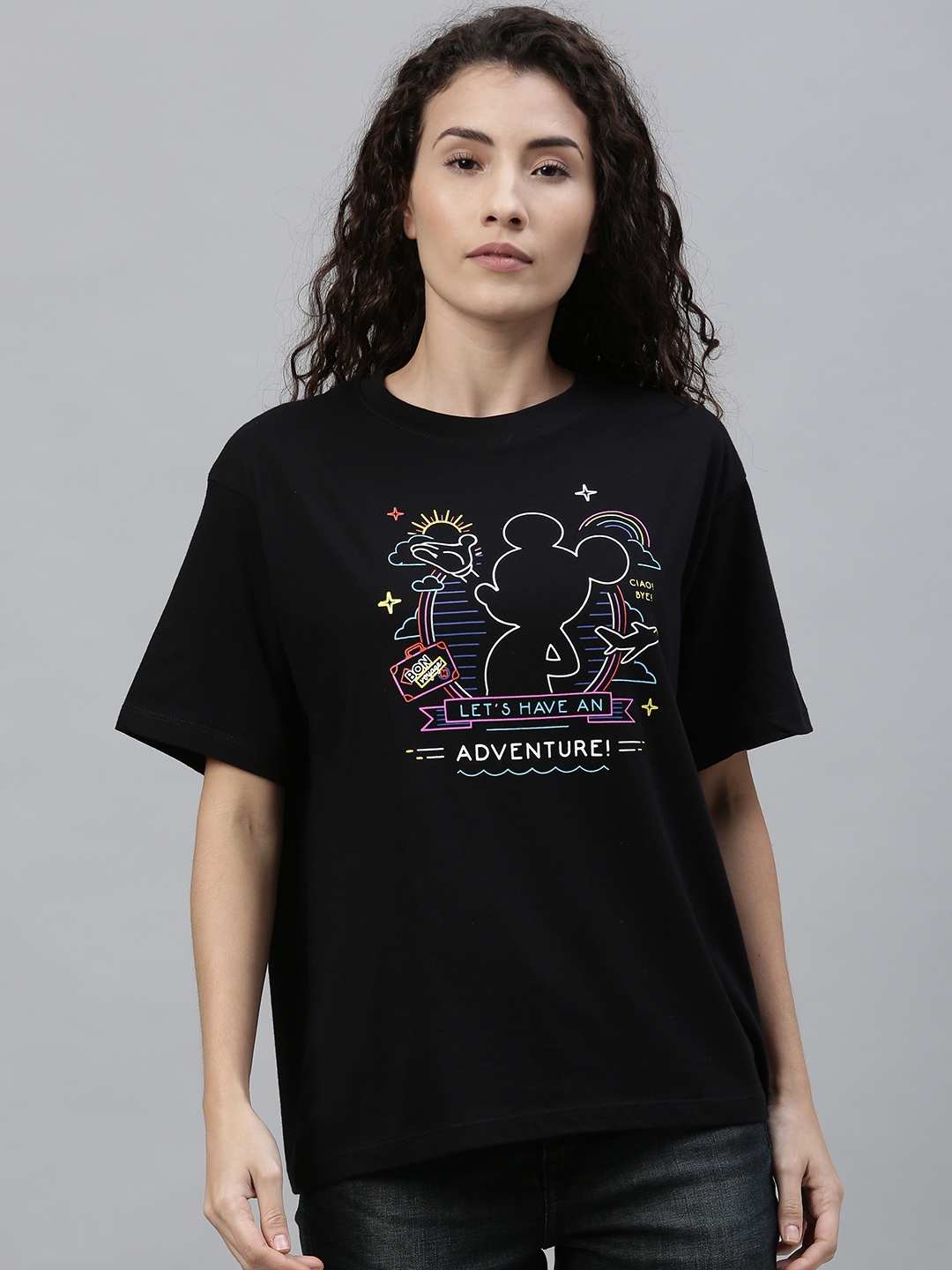 

Kook N Keech Disney Women Black Mickey Mouse Printed Cotton Pure Cotton T-shirt