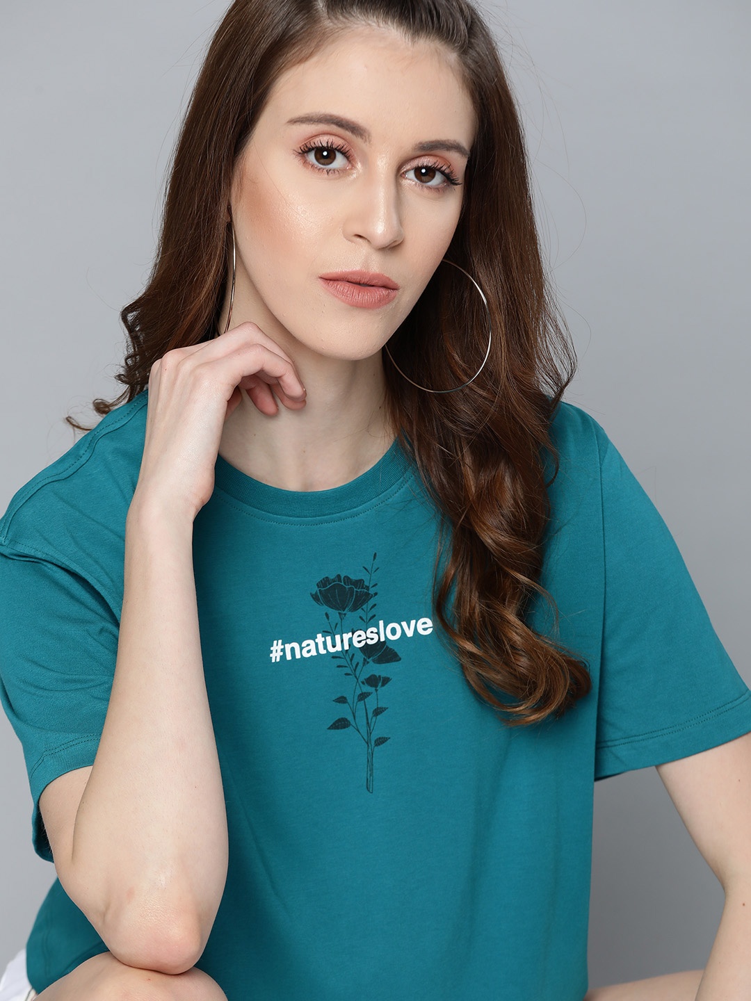 

Kook N Keech Women Teal Green Typography Boxy Print Round Neck T-shirt