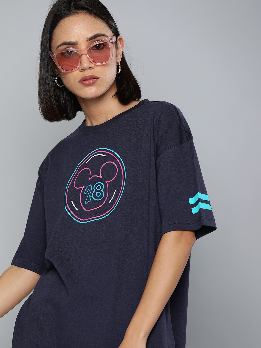 

Kook N Keech Disney Women Navy Blue Printed Oversized Round Neck T-shirt