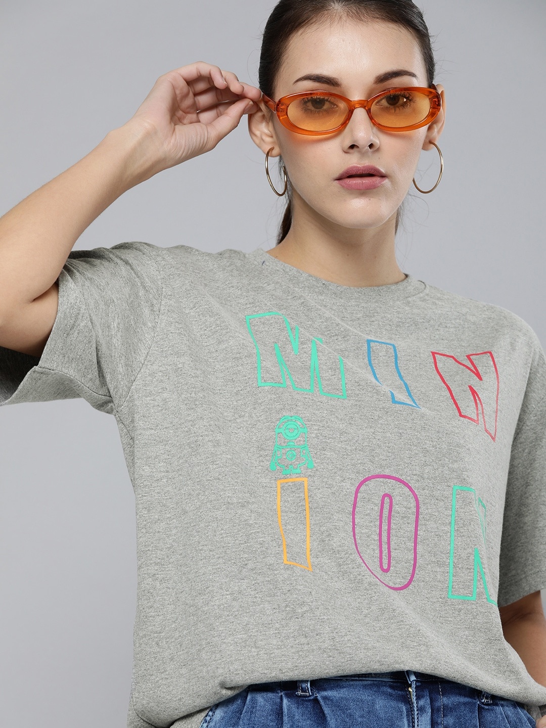 

Minions by Kook N Keech Women Grey Melange Printed Oversized Round Neck Cotton T-shirt