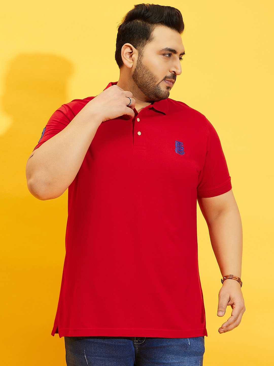 bigbanana Plus Size Men Red Solid Polo Collar Pure Cotton T-shirt