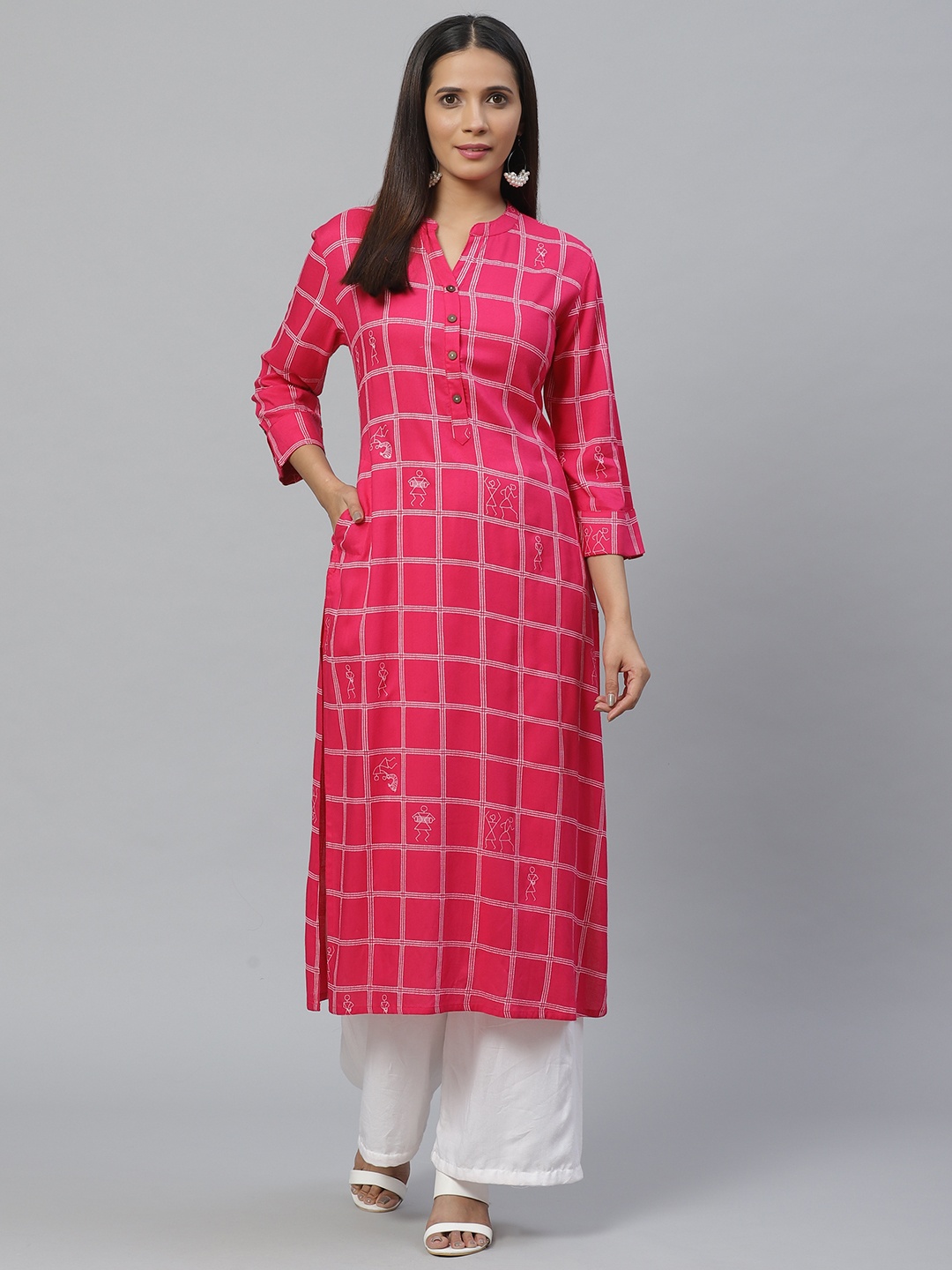 

KSUT Women Pink & White Checked with Quirky Print Straight Kurta