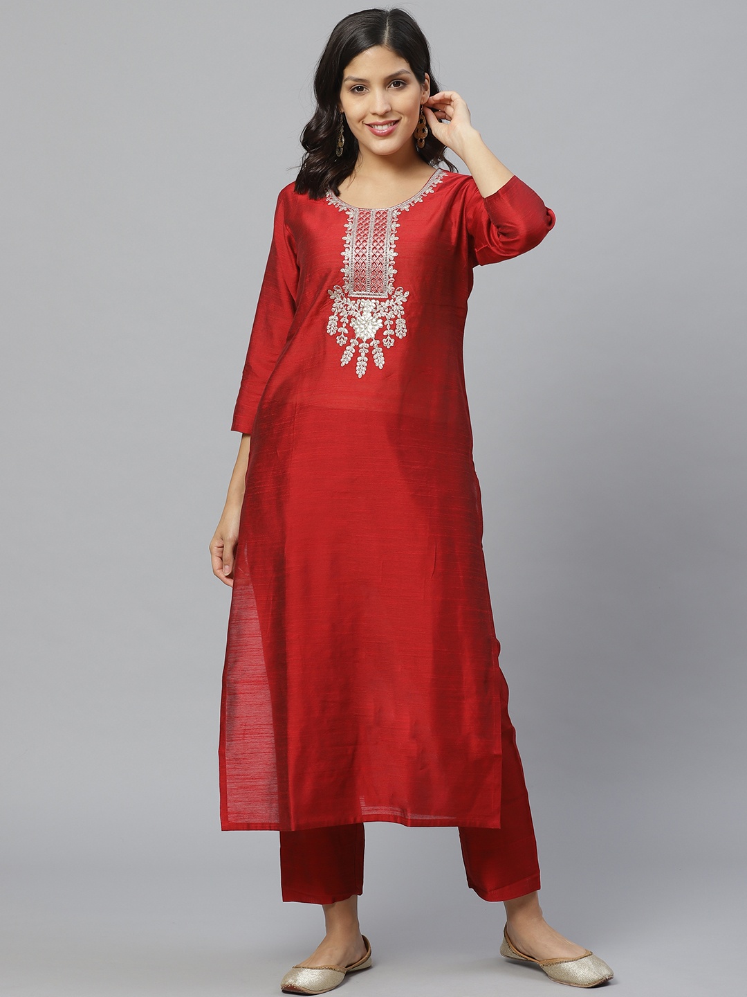 

KSUT Women Maroon & Silver Zari Embroidered Yoke Design Kurta with Trousers