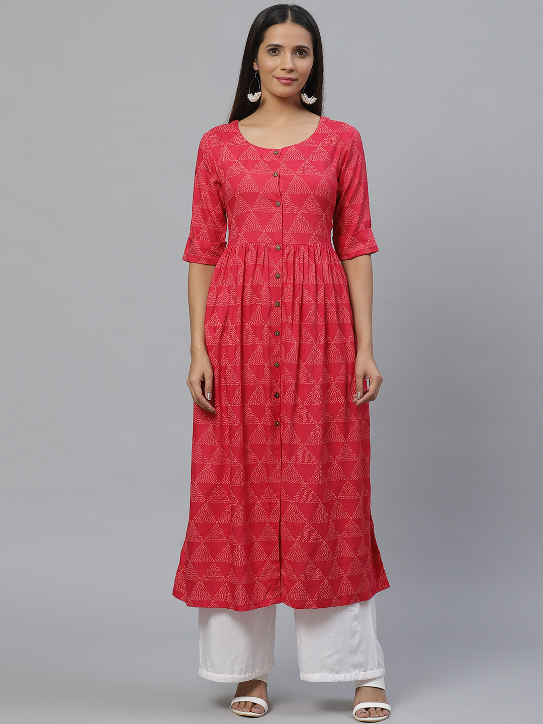 

KSUT Women Pink & Peach-Coloured Printed A-Line Kurta