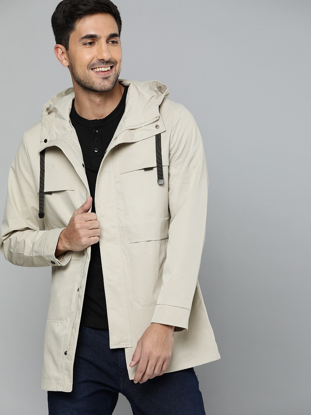 

Mast & Harbour Men Beige Solid Tailored Hooded Jacket
