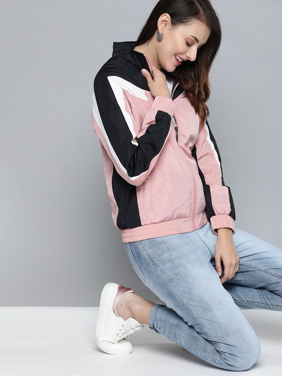 

Mast & Harbour Women Pink & Navy Blue Colourblocked Bomber Jacket