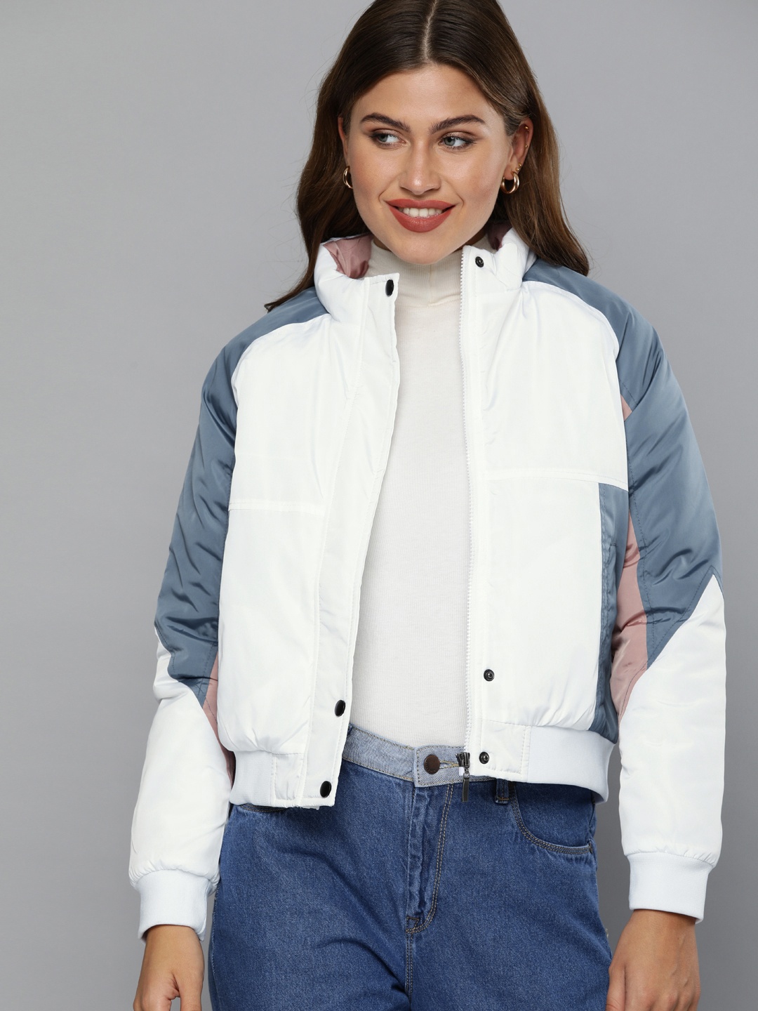 

Mast & Harbour Women White Solid Padded Jacket With Colourblocked Sleeves