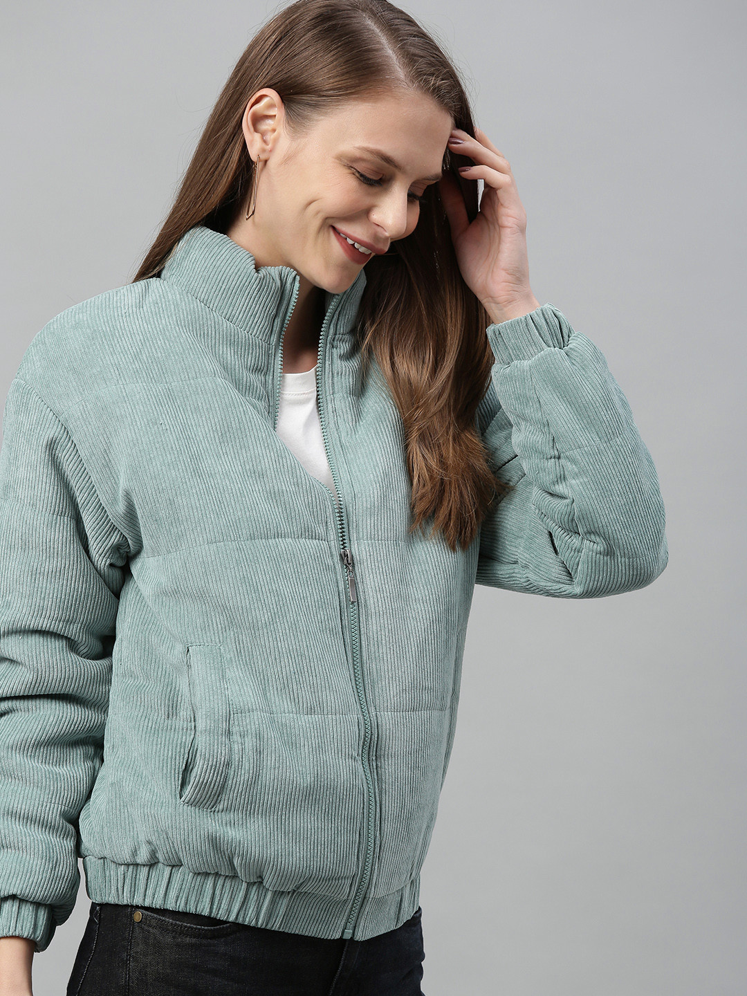 

Mast & Harbour Women Sea Green Self Design Bomber Jacket