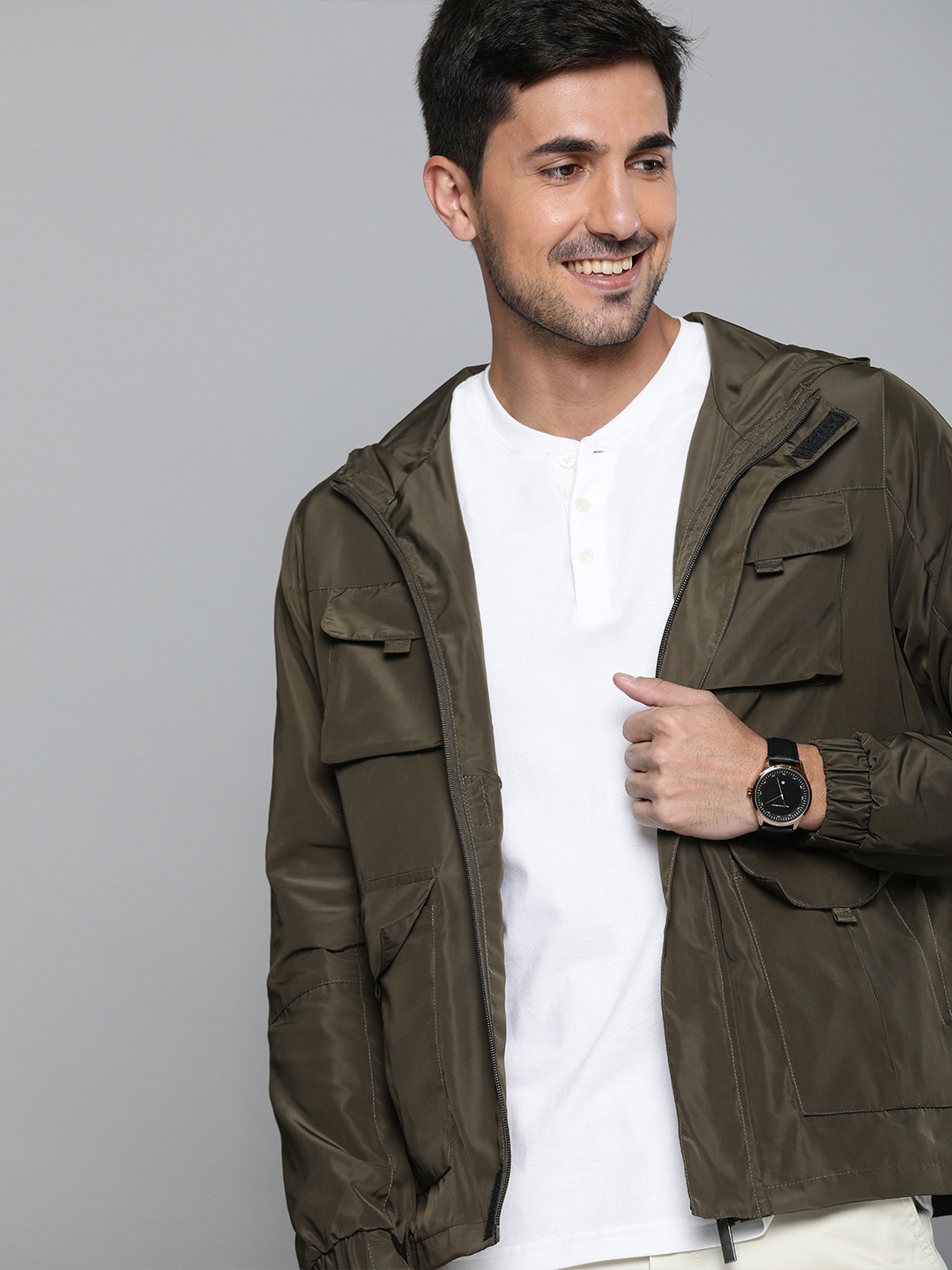 

Mast & Harbour Men Olive Green Solid Tailored Jacket