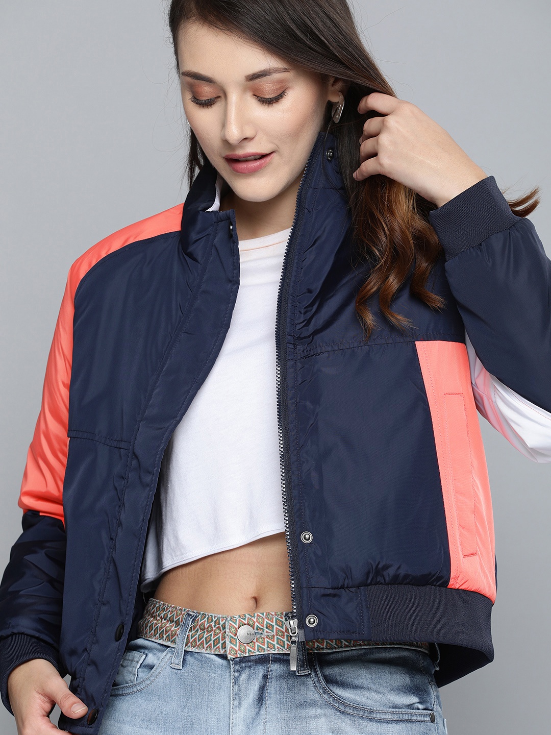 

Mast & Harbour Women Navy Blue Solid Bomber Jacket With Contrast Sleeves