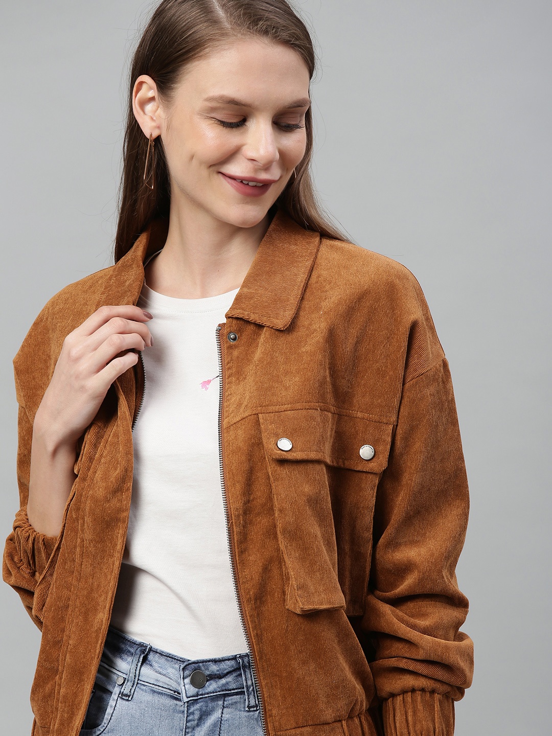 

Mast & Harbour Women Brown Self Design Bomber Jacket