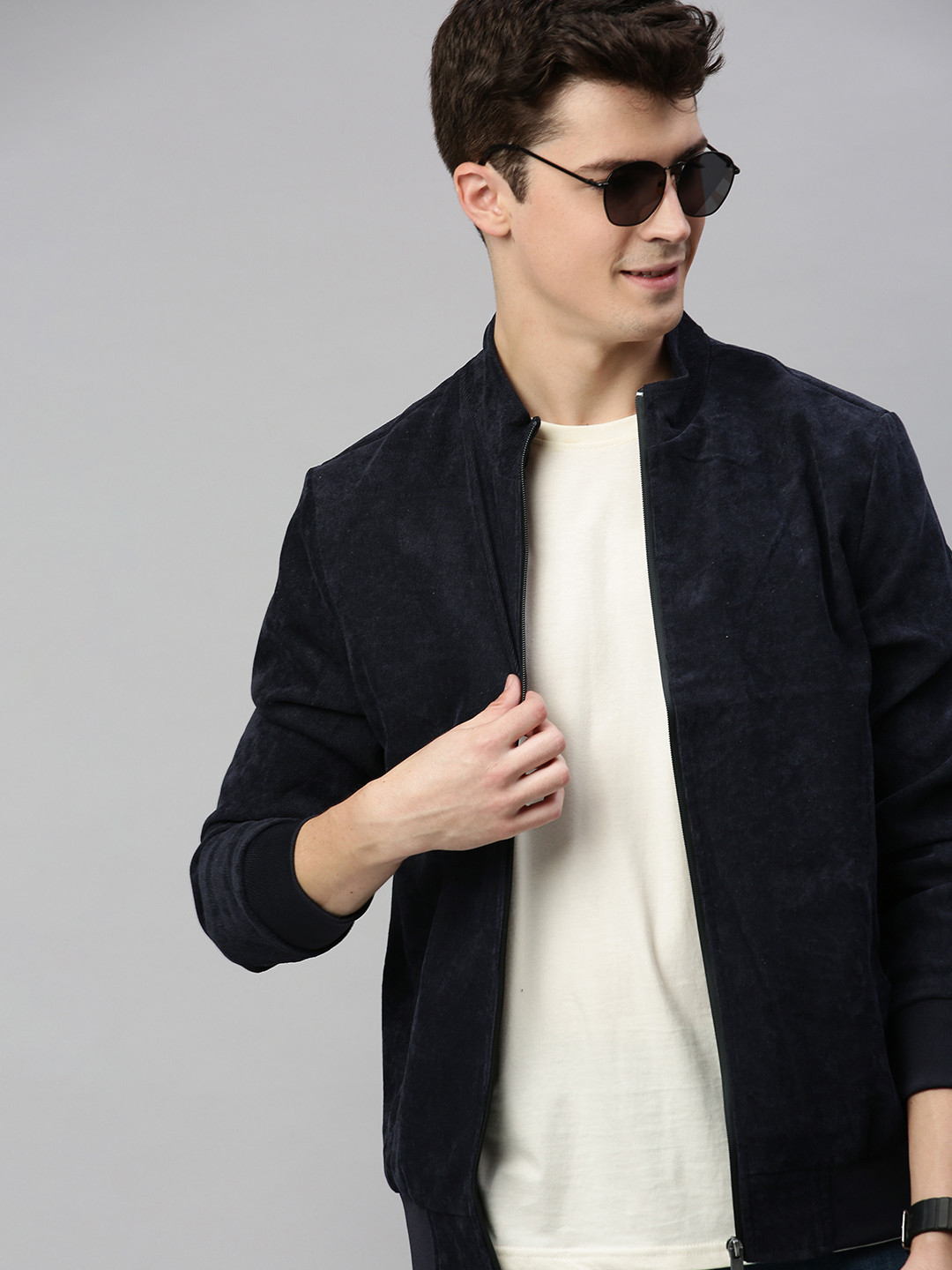 

Mast & Harbour Men Navy Blue Solid Corduroy Bomber