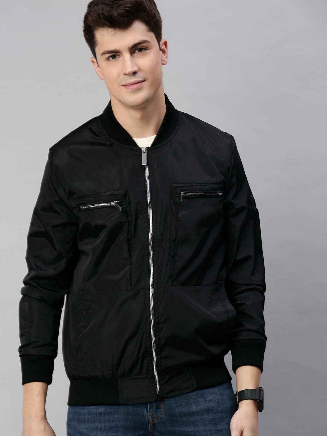 

Mast & Harbour Men Black Solid Bomber Jacket