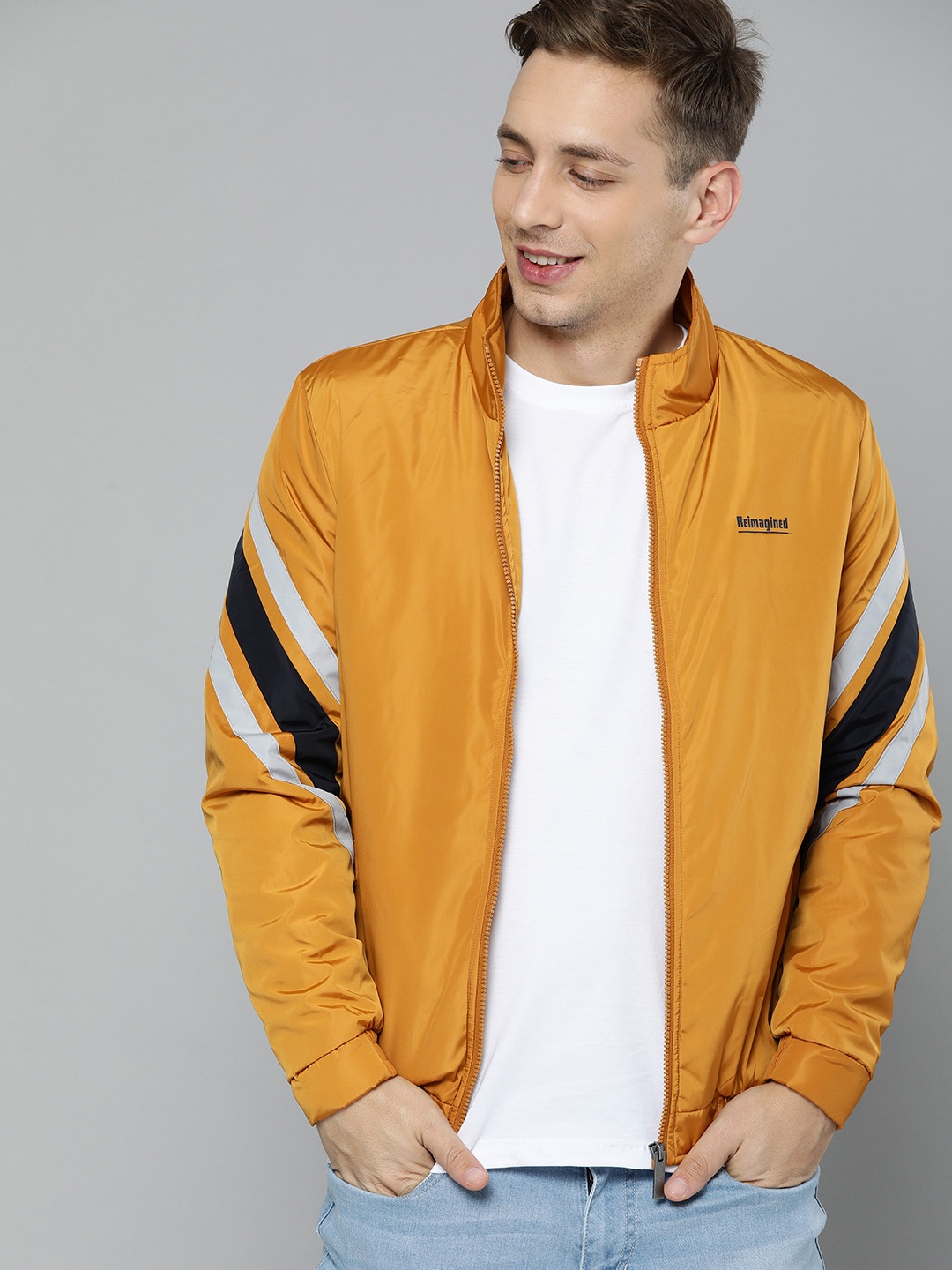 

Mast & Harbour Men Mustard Yellow Solid Bomber Jacket With Striped Sleeves