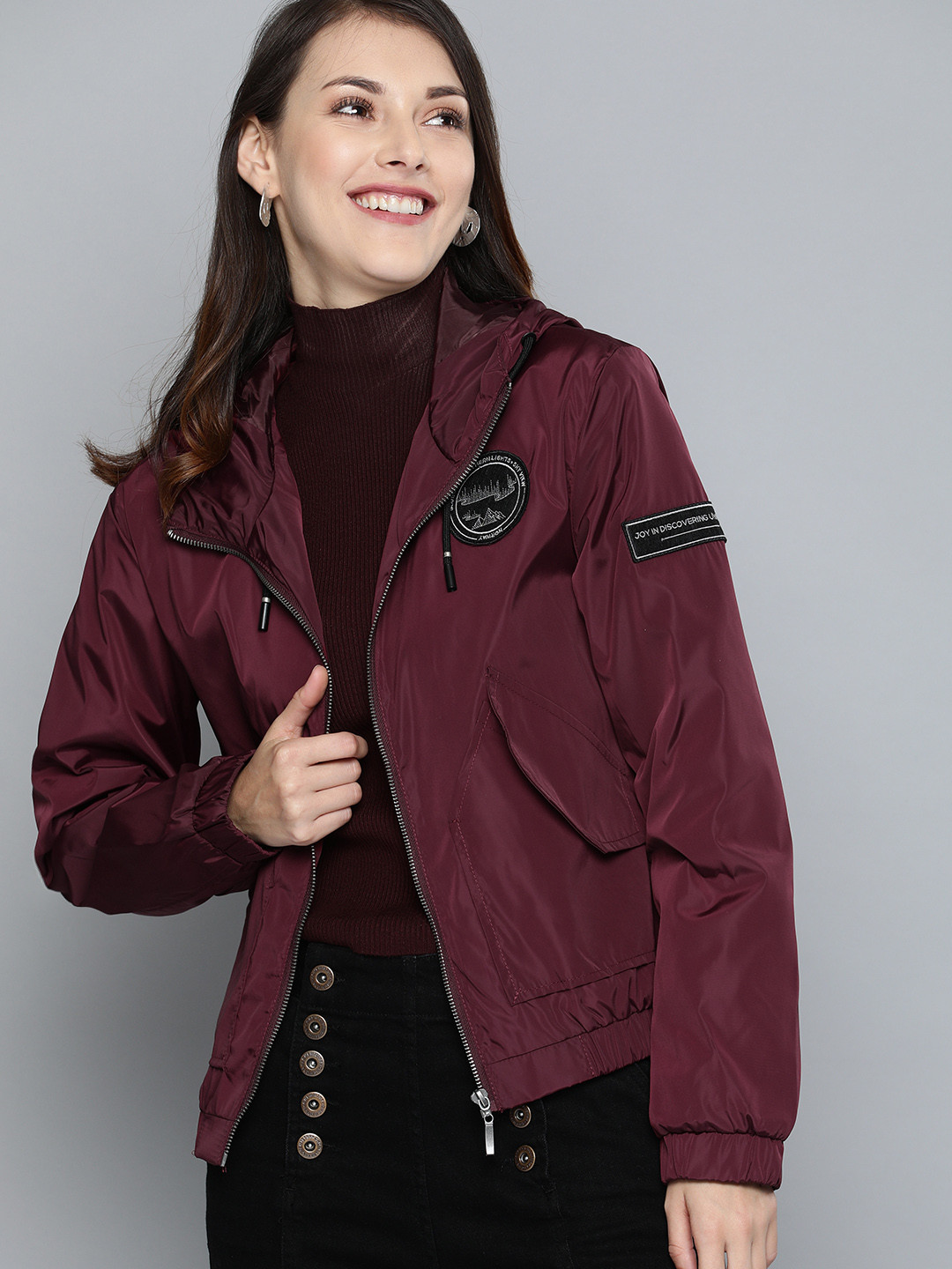 

Mast & Harbour Women Burgundy Solid Bomber Jacket With Applique Detailing