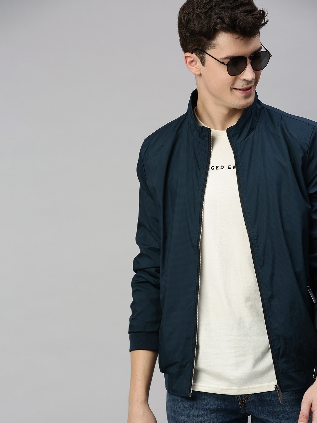 

Mast & Harbour Men Navy Blue Printed Bomber