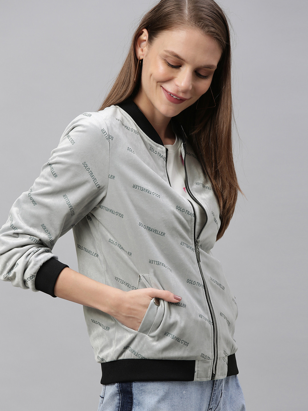 

Mast & Harbour Women Grey Printed Velvet Bomber Jacket