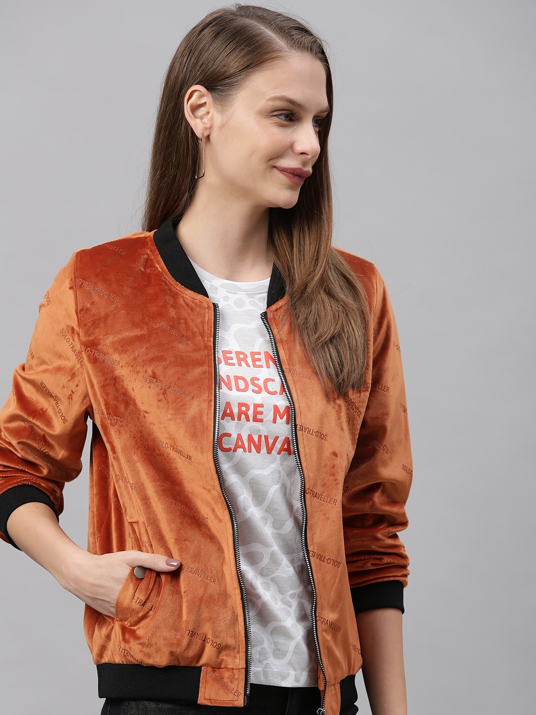 

Mast & Harbour Women Rust Orange Printed Velvet Bomber Jacket