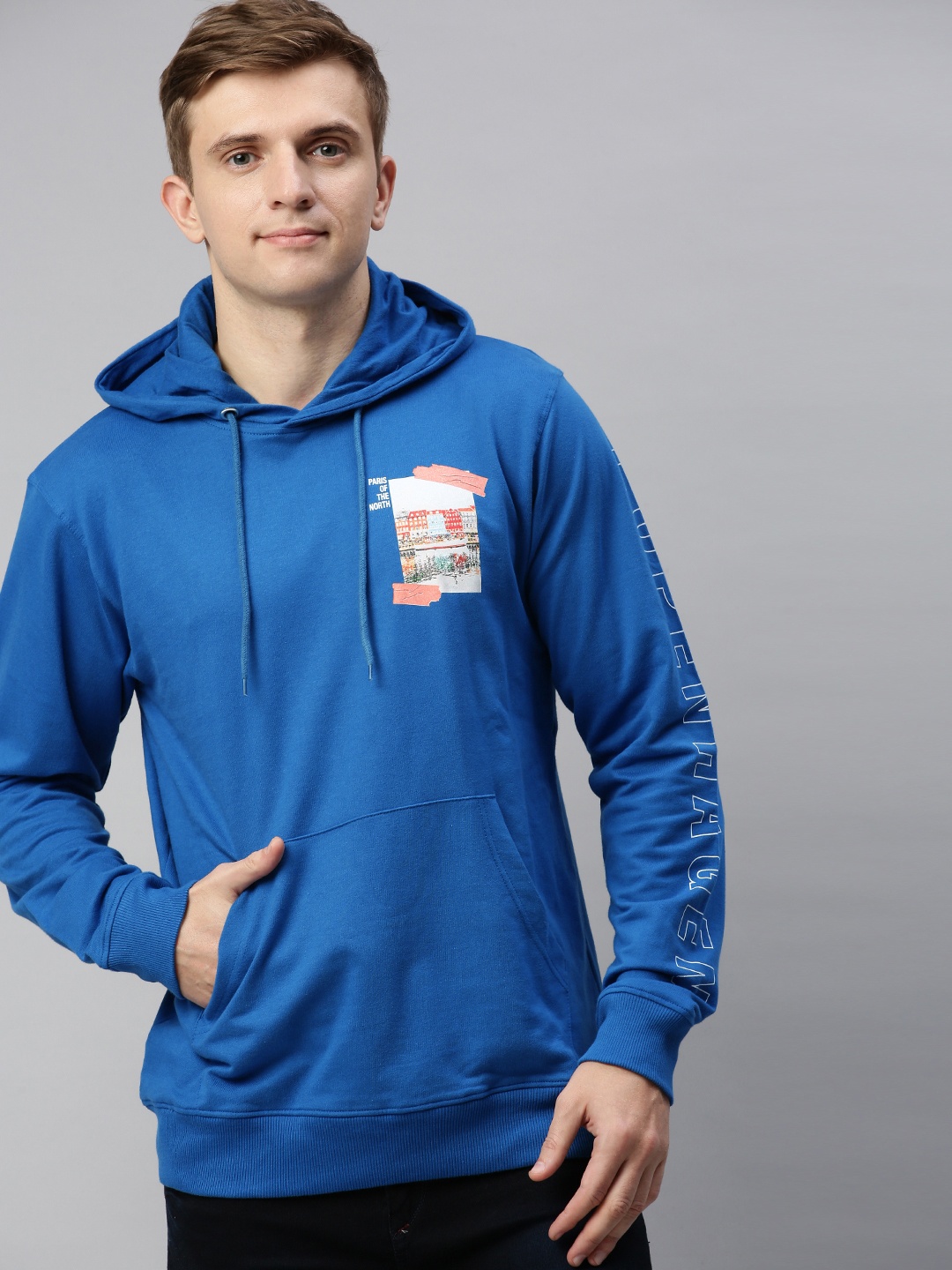 

Mast & Harbour Men Blue Solid Hooded Sweatshirt With Printed Detailing