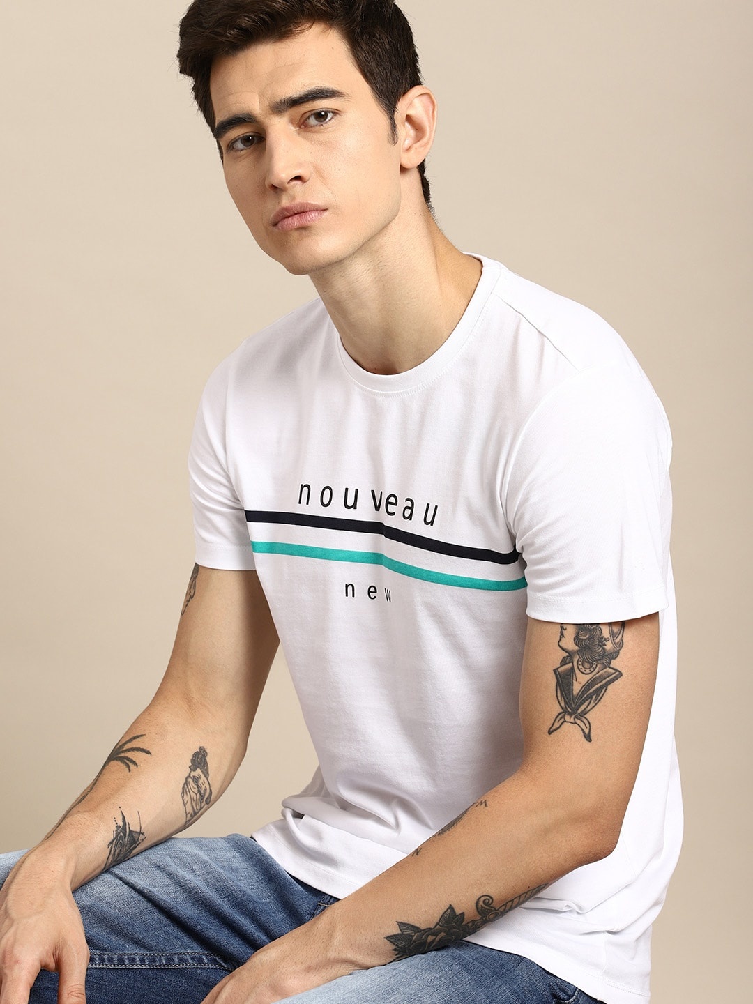 

ether Men White Printed Round Neck Pure Cotton T-shirt