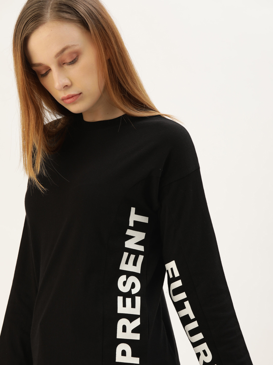 

ether Women Black Placement Printed Round Neck Pure Cotton T-shirt