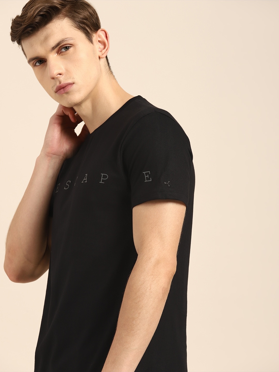 

ether Men Black Printed Round Neck Pure Cotton T-shirt
