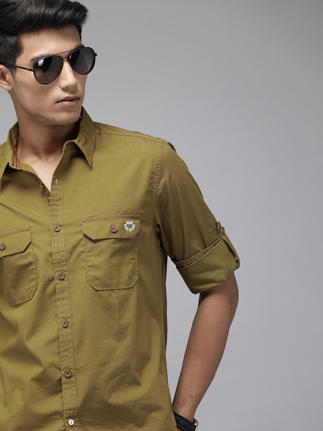 

Roadster Green Turn Men Khaki Sustainable Recycle Cotton Poly Shirt, Olive