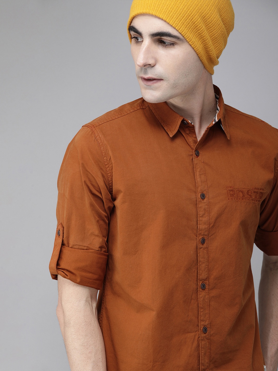 

Roadster Men Rust Orange Regular Fit Solid Casual Shirt with Embroidered Detail