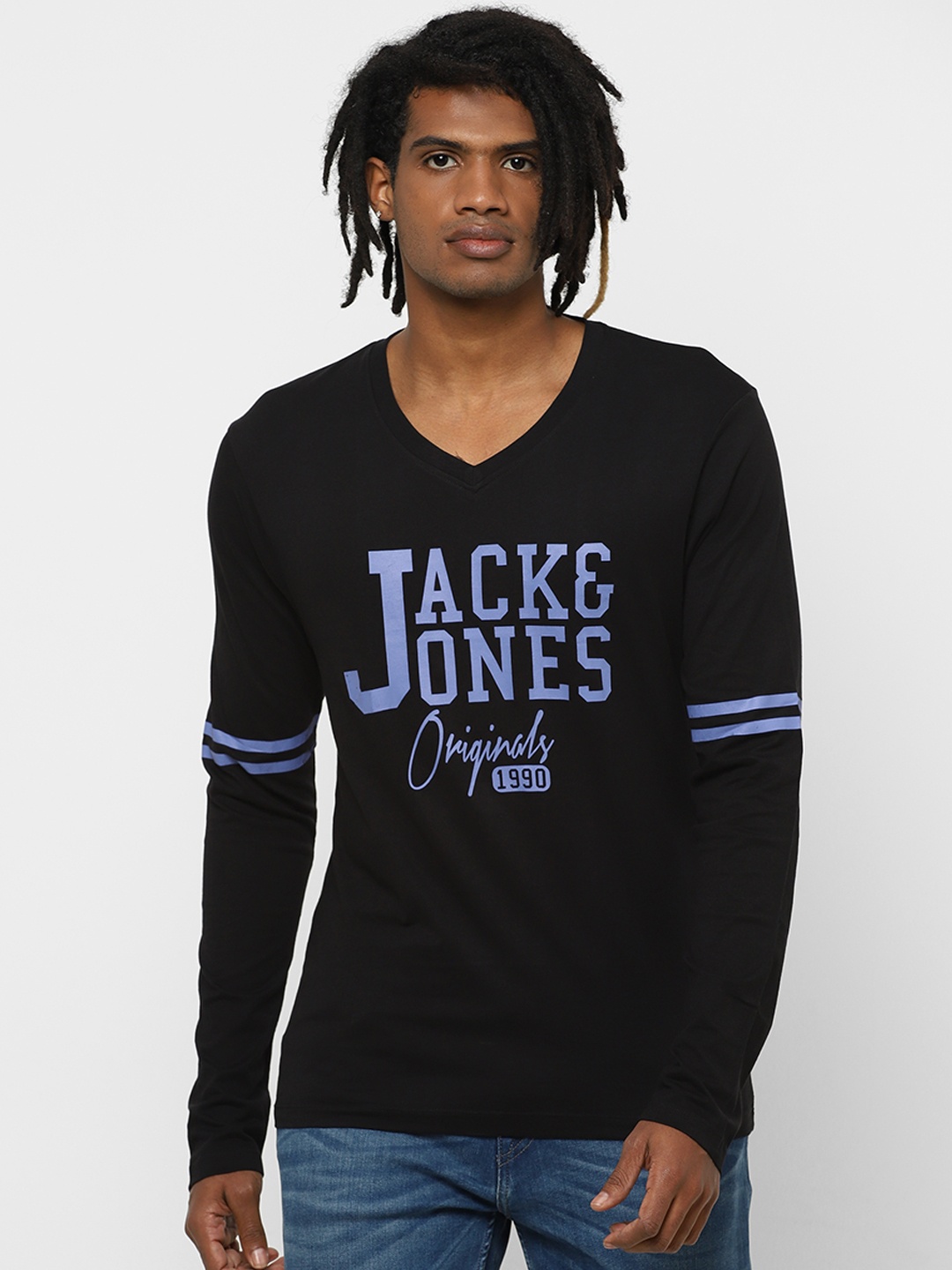 

Jack Jones Men Black Printed V-Neck Pure Cotton T-shirt