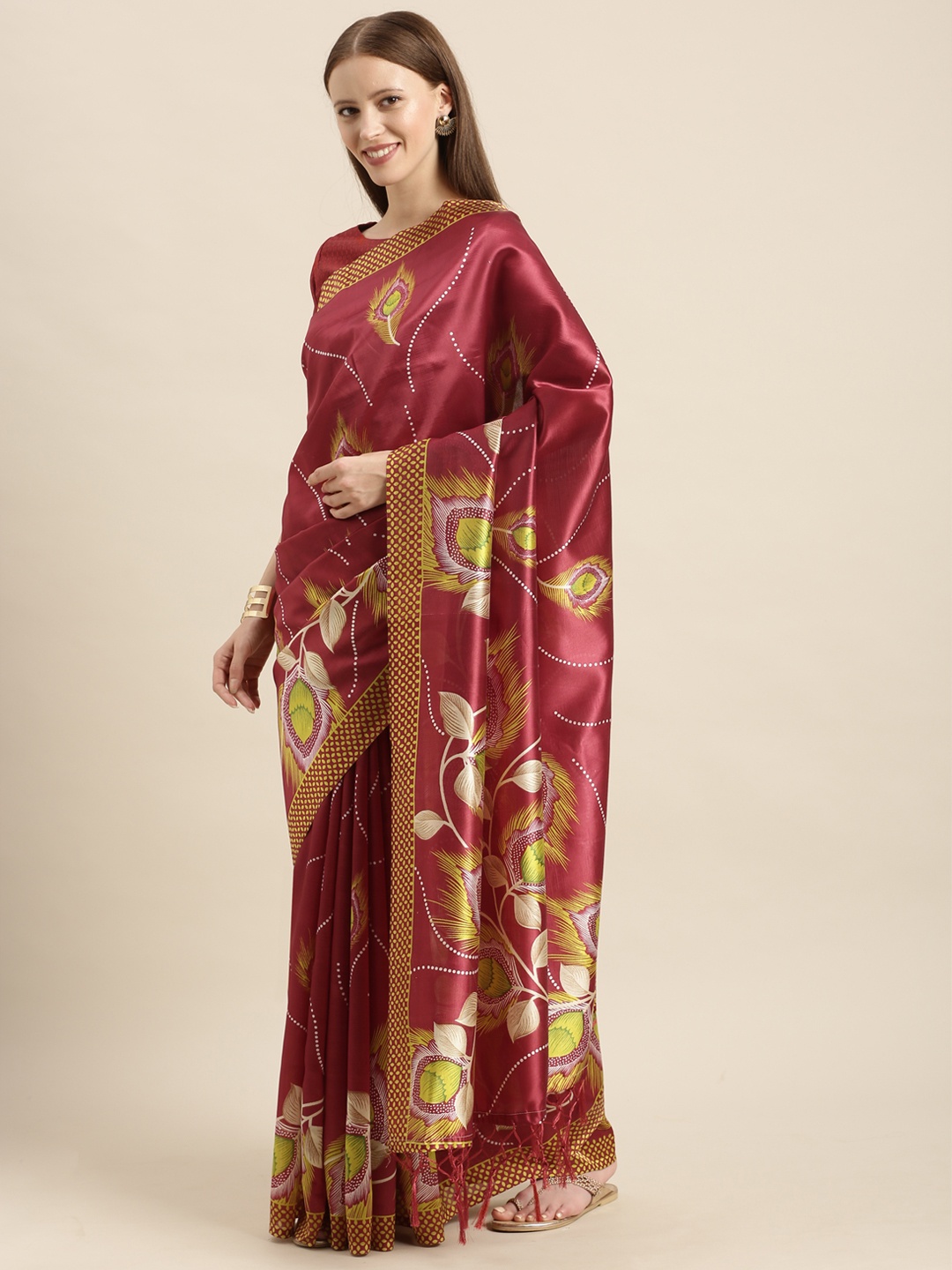 

KALINI Red & Mustard Yellow Poly Silk Printed Saree