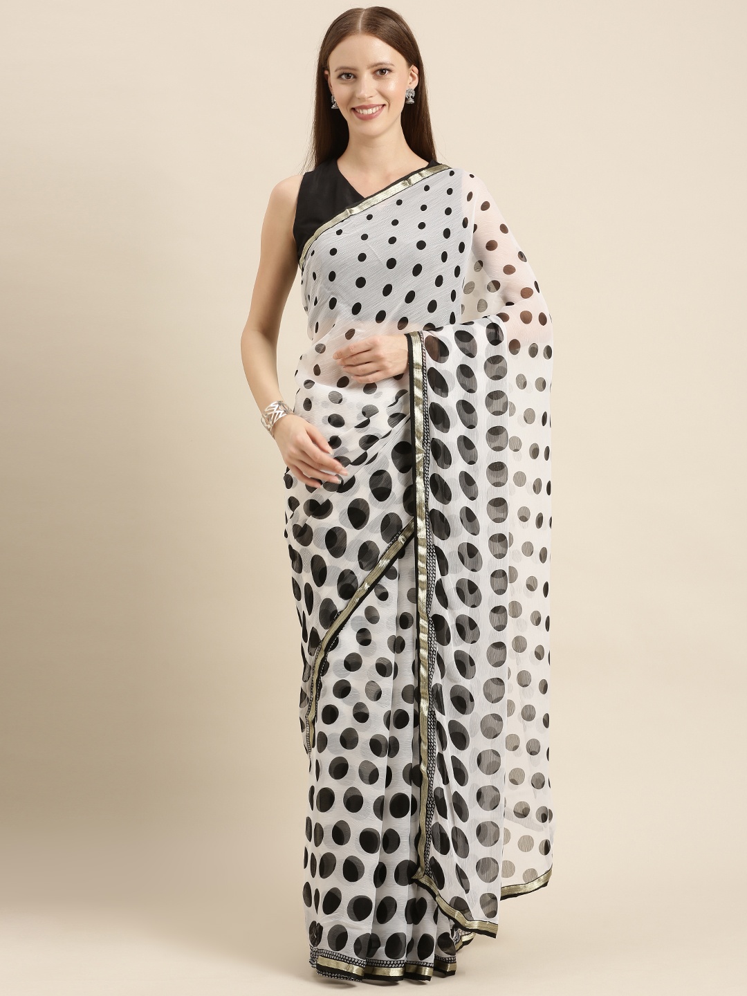 

KALINI White & Black Poly Chiffon Polka Dots Printed Saree