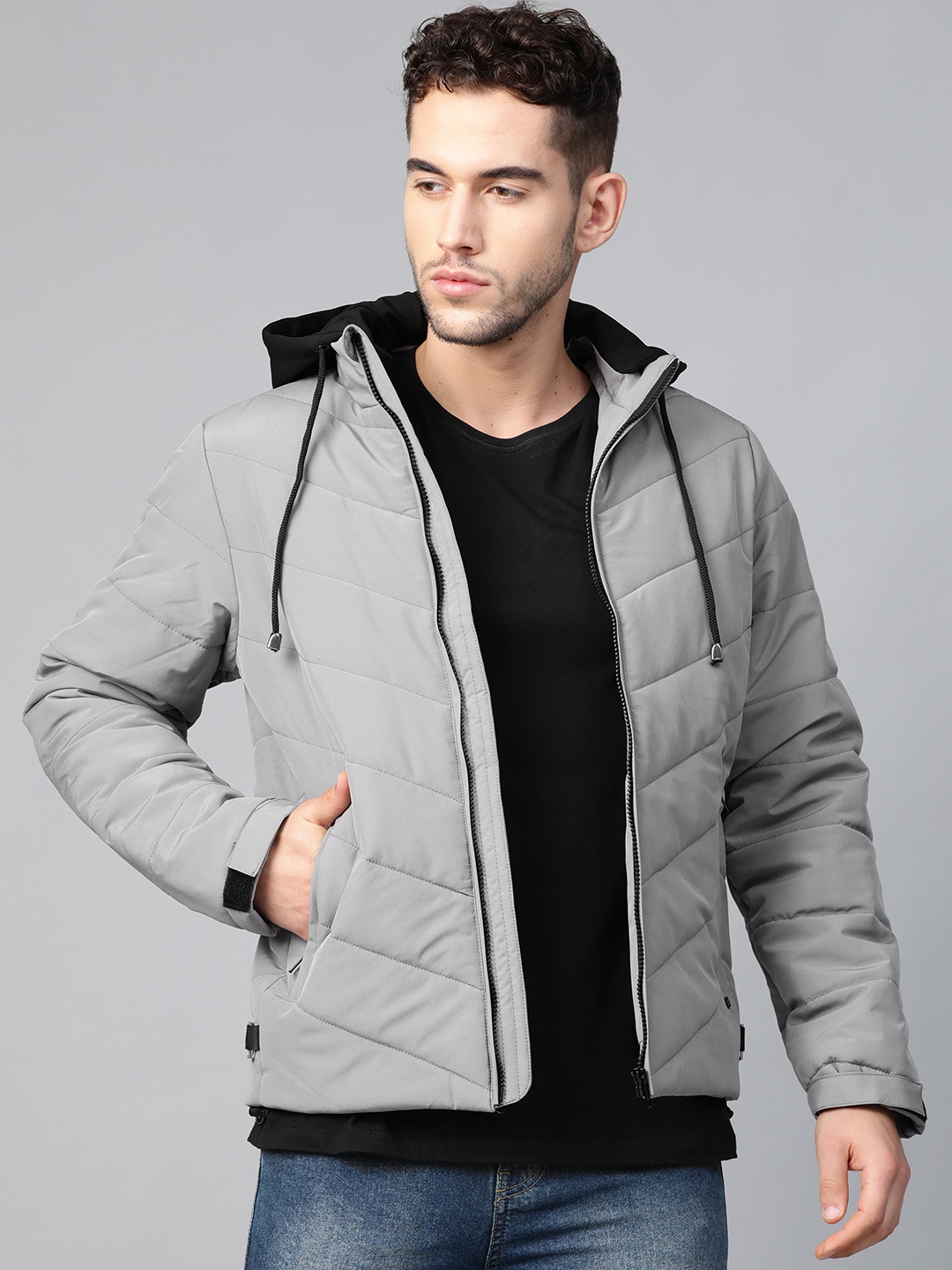 

Roadster Men Grey Solid Padded Jacket with Detachable Hood