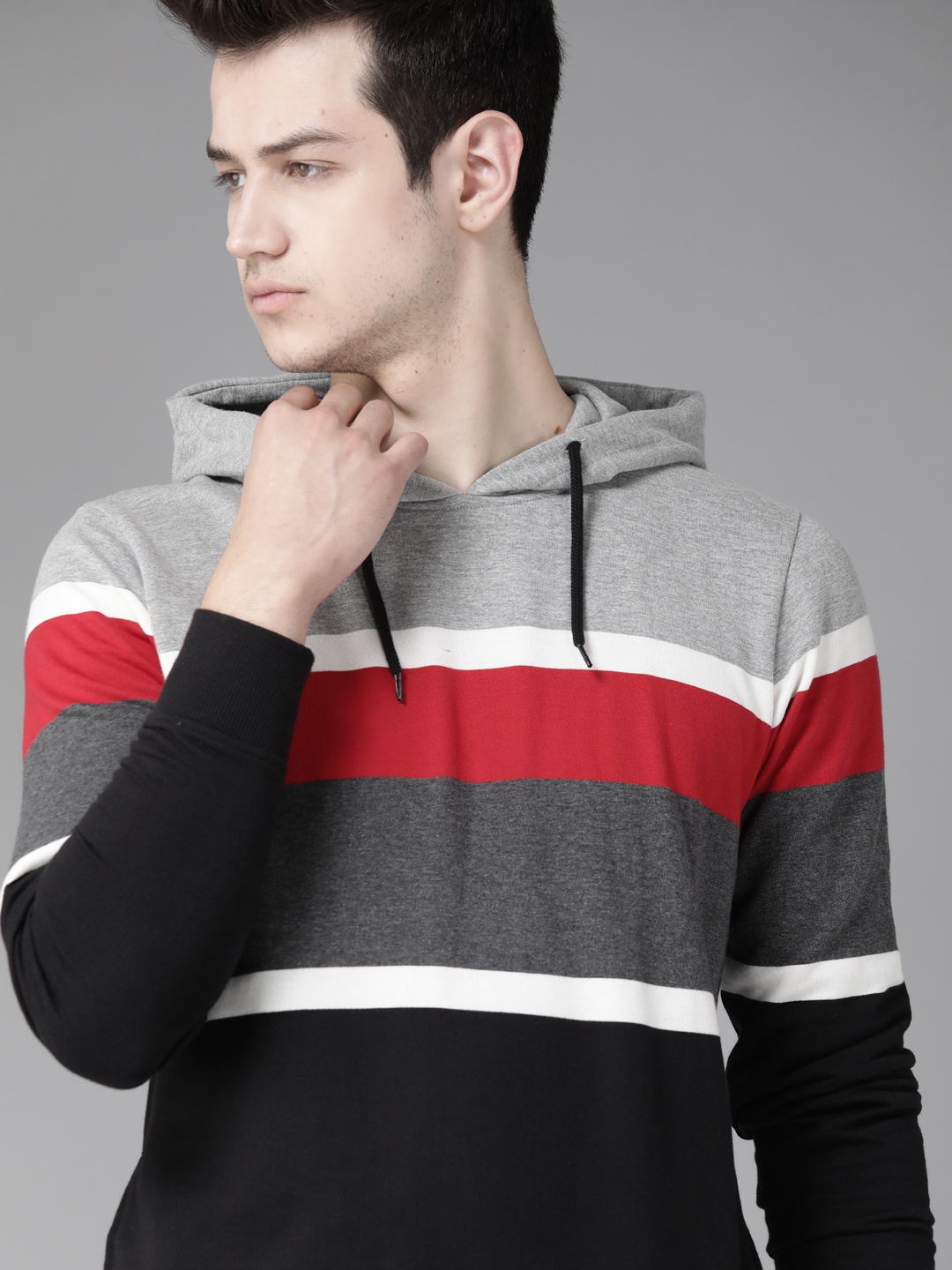 

Roadster Men Grey & Black Striped Hooded Sweatshirt